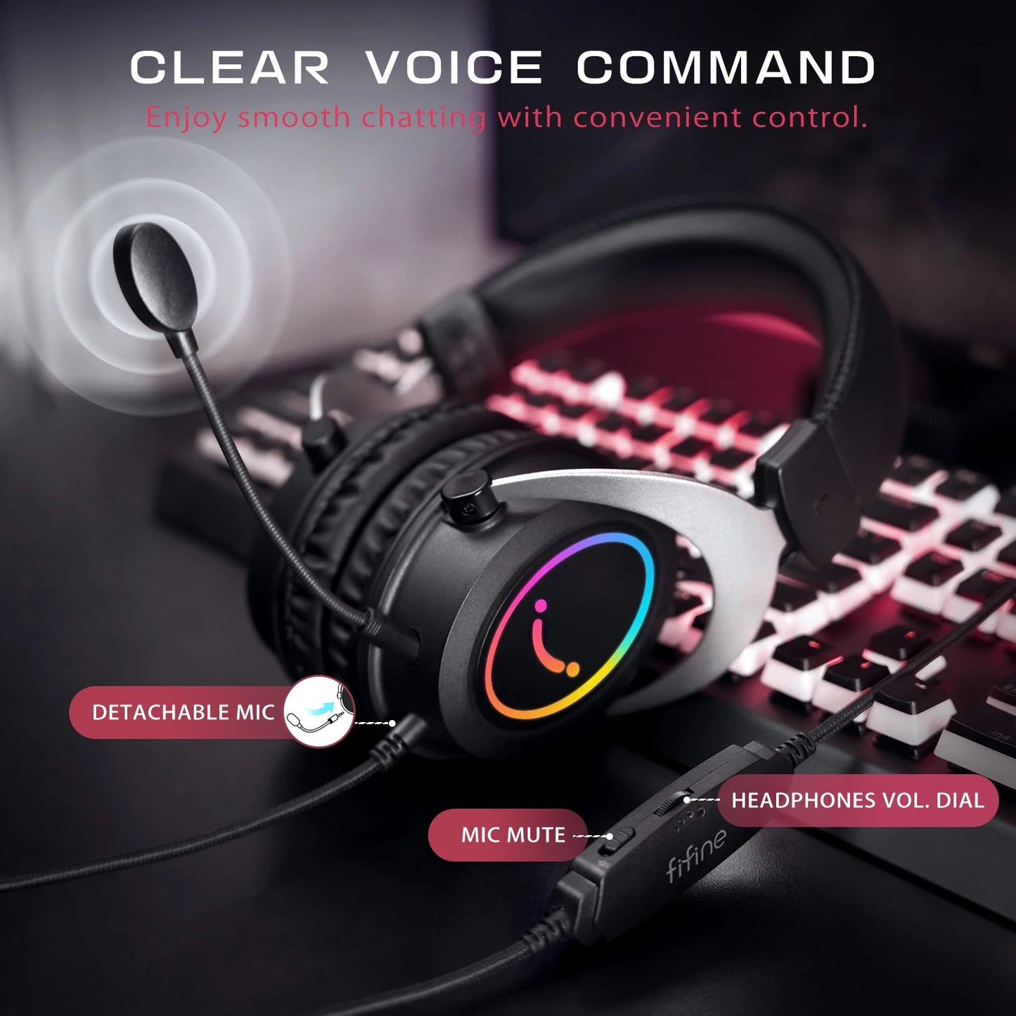 FIFINE Gaming Headset with Stereo Sound/Detachable MIC/RGB/Line Control, Over-Ear Headphone for PC PS4 PS5 Xbox -AMPLIGAME H3