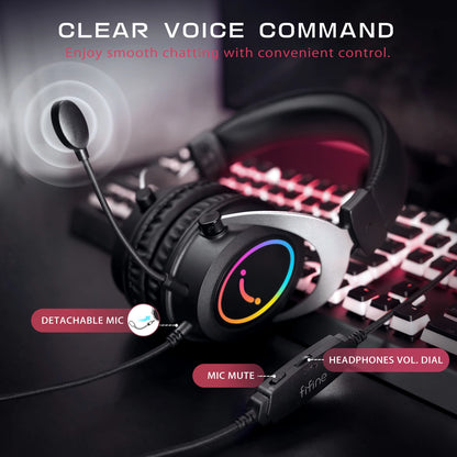 FIFINE Gaming Headset with Stereo Sound/Detachable MIC/RGB/Line Control, Over-Ear Headphone for PC PS4 PS5 Xbox -AMPLIGAME H3