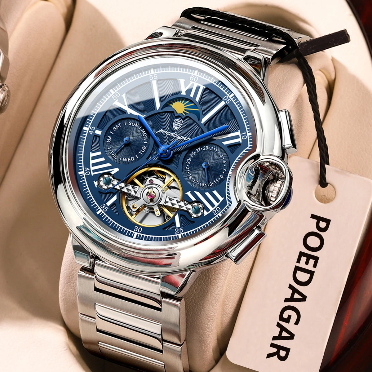 POEDAGAR men’s watch, luxury and professional style, with date and day display, tourbillon, stainless steel case, automatic mechanical movement and water resistance.