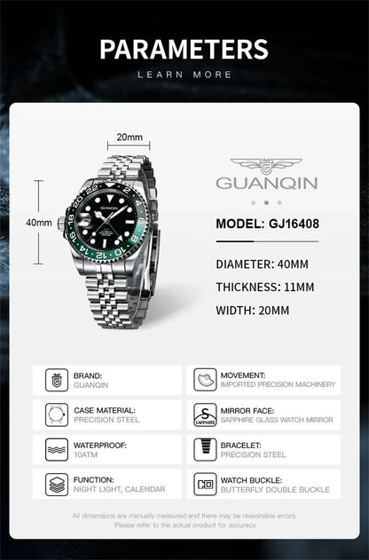 GUANQIN GMT Men's Watches 2025 New Automatic Watch Men NH34 Mechanical Wristwatch Sapphire Glass Stainless Steel Clock Left Hand