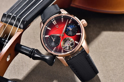 PAGANI DESIGN – Luxus mechanikus férfi karóra, 41 mm, zafírüveg, bőr szíj, vízálló, pilóta stílusú, tourbillon és holdfázis kijelzővel
