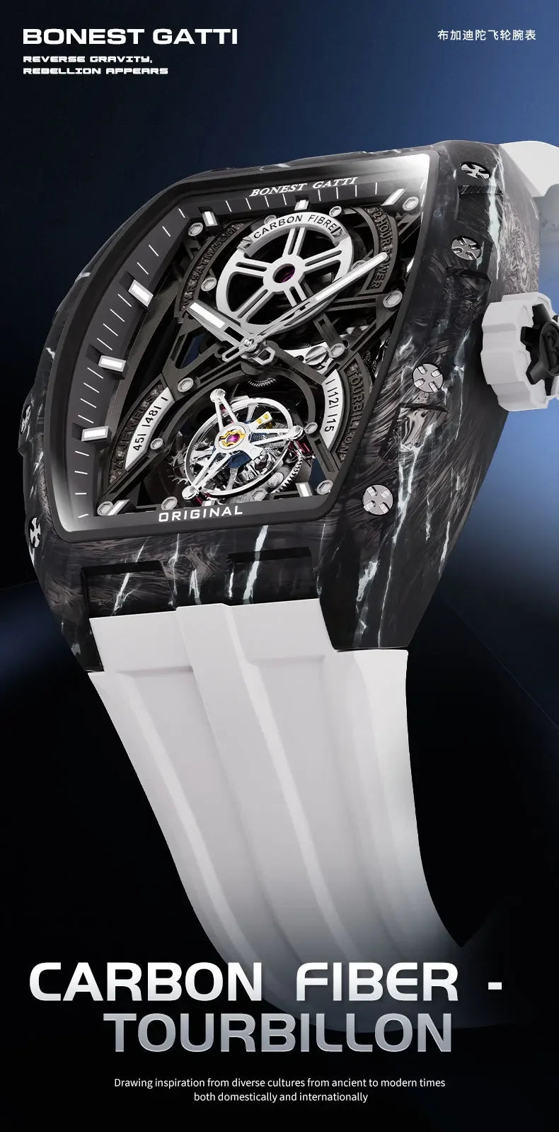BONEST GATTI Men Automatic Mechanical Watch Skeleton Dial Sapphire Crystal Fluororubber Strap Waterproof Luminous Business watch