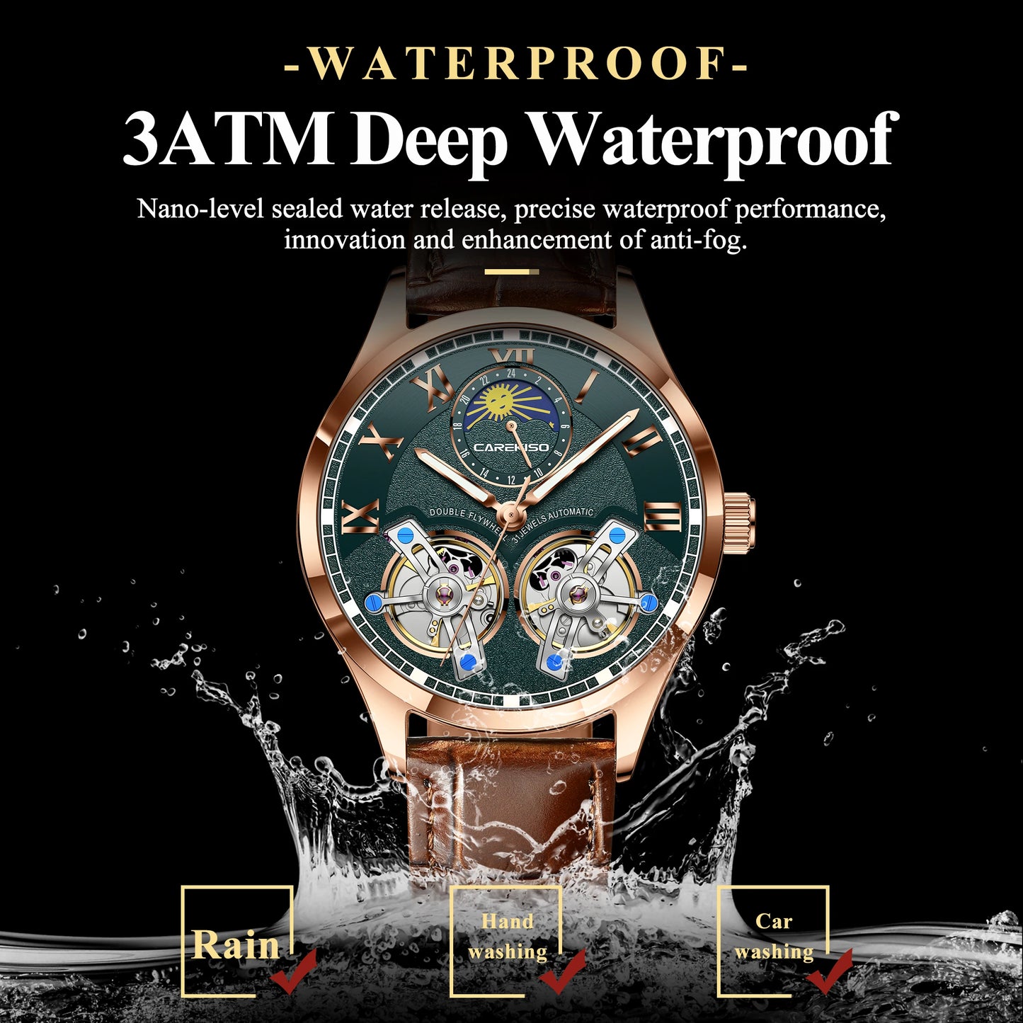 CAREKISO Fashion Men Clock Double Hollow Tourbillon Automatic Mechanical Man Watch Waterproof Luminous Leather Men's Watches+Box