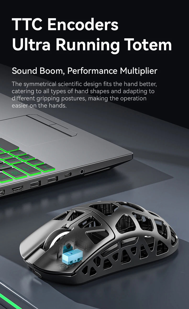 Mouse gaming ATTACK SHARK R3 din aliaj de magneziu cu design tip fagure, ultra-ușor, 8K Hz, senzor PAW3395, 26000 DPI, carcasă ergonomică
