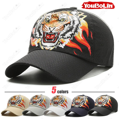 Outdoor Tiger Face Baseball Cap, Summer Quick-Dry Fabric, Mesh & Perforated Design, Ethnic Print Sun Protection Hat