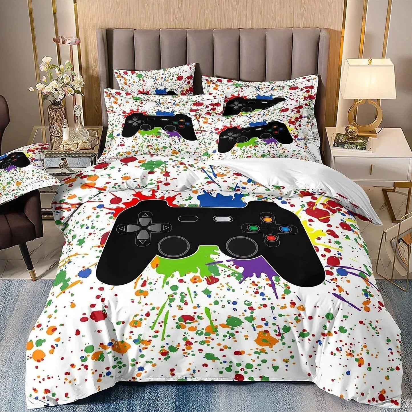 Gamer Bedding Sets for Boy Kid Gaming Duvet Cover Set Queen Video Games Comforter Cover, Playstation Designs Bed Set for Teen Men