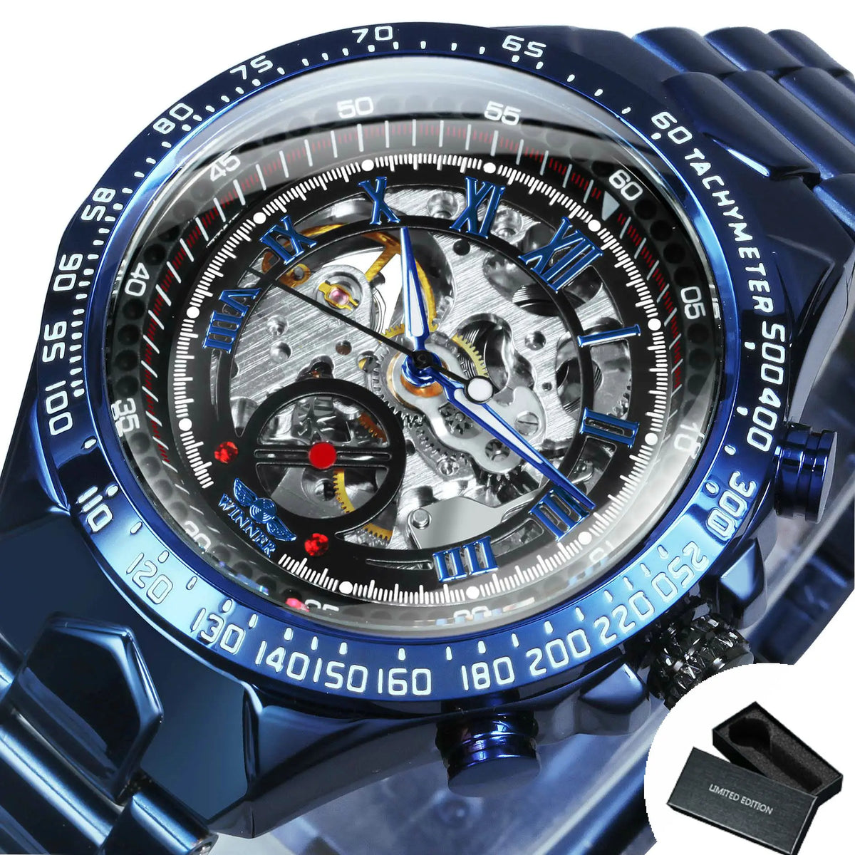 WINNER men’s automatic watch – Transparent skeletonised model, luminescent hands, stainless steel bracelet, luxury brand mechanical watch