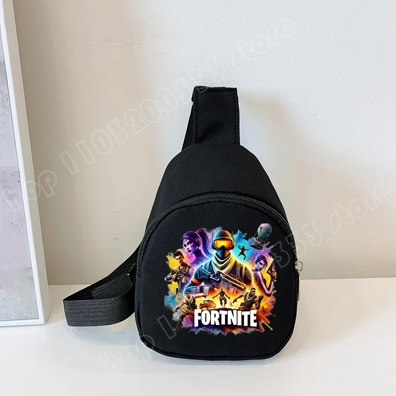 Fortnite Crossbody Bag Game Printed Kids Mini Chest Bag Classic Black Shoulder Bag Wallet Suitable for School Outdoor Activities