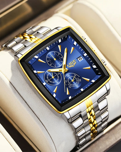 LIGE luxury men’s watches, square model, classic and trendy style, stainless steel, water-resistant, sporty and casual, with quartz movement.