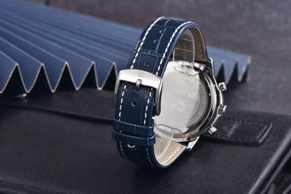 Benyar luxury men’s watch – Chronograph with date, leather strap, water-resistant, luminescent, sporty and military style, quartz watch