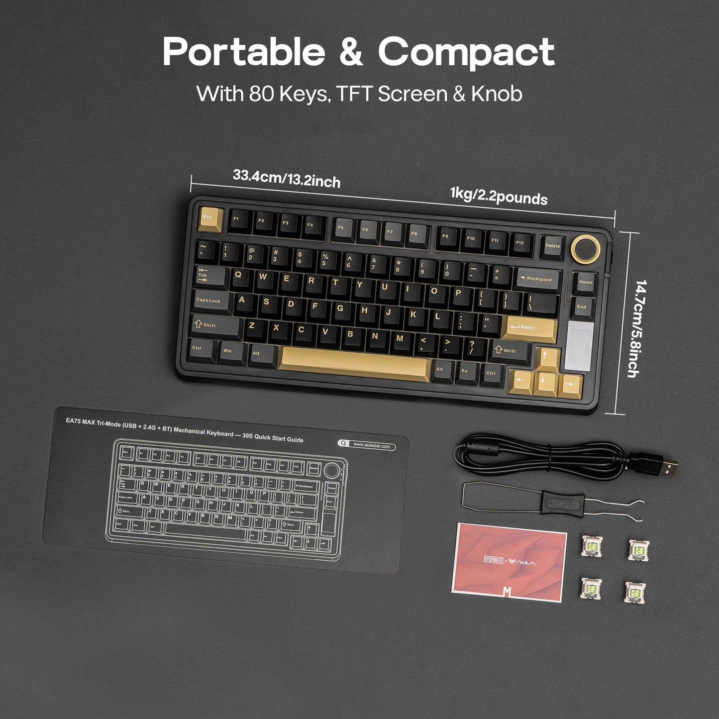 EPOMAKER X AULA EA75 MAX 75% ANSI-US-Layout Hot-Swap-Gasket kabelgebundene/BT/2.4GHz kabellose mechanische Tastatur mit Display & Drehregler