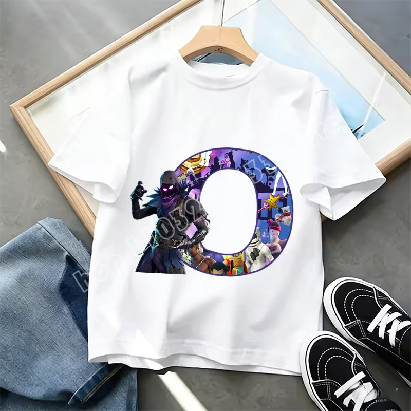 Fortnite A-Z Alphabet Print T-Shirt Summer Kids White Clothing Popular Cartoon Game T-Shirt Fashion Casual Short Sleeve Top Gift