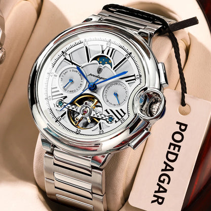 POEDAGAR men’s watch, luxury and professional style, with date and day display, tourbillon, stainless steel case, automatic mechanical movement and water resistance.