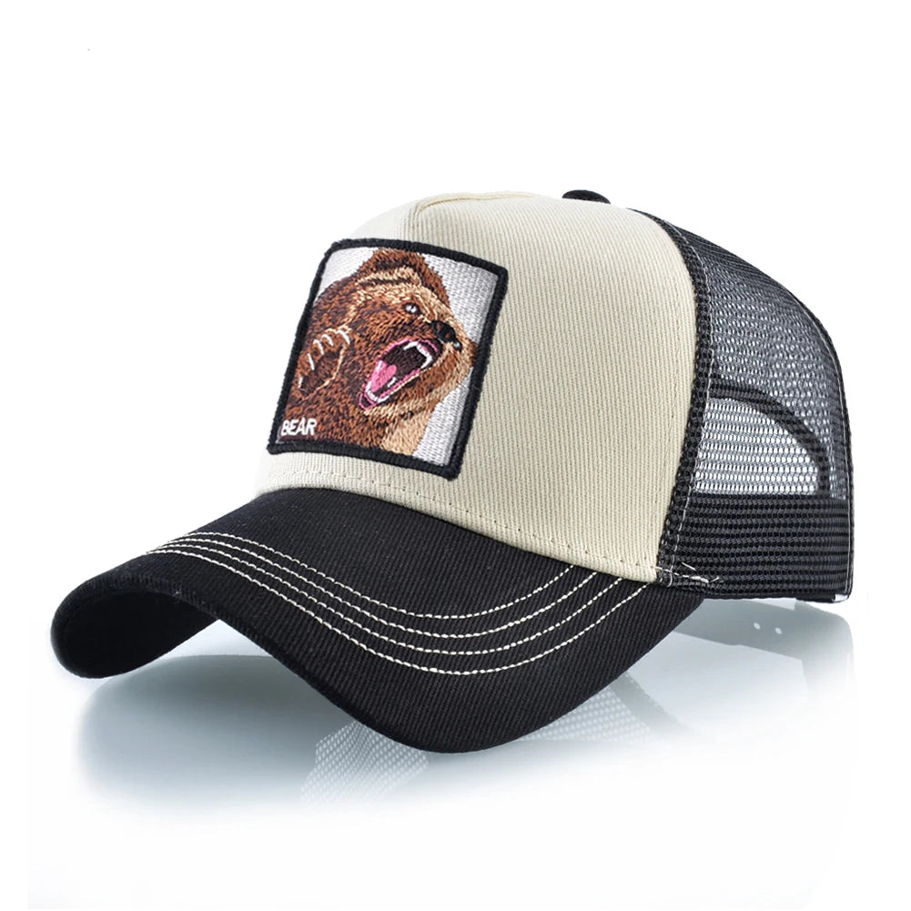 Four Seasons Snapback Baseball Cap Men Fashion Bear Embroidery Hip Hop Hat Women Outdoor Breathable Mesh Trucker Hat