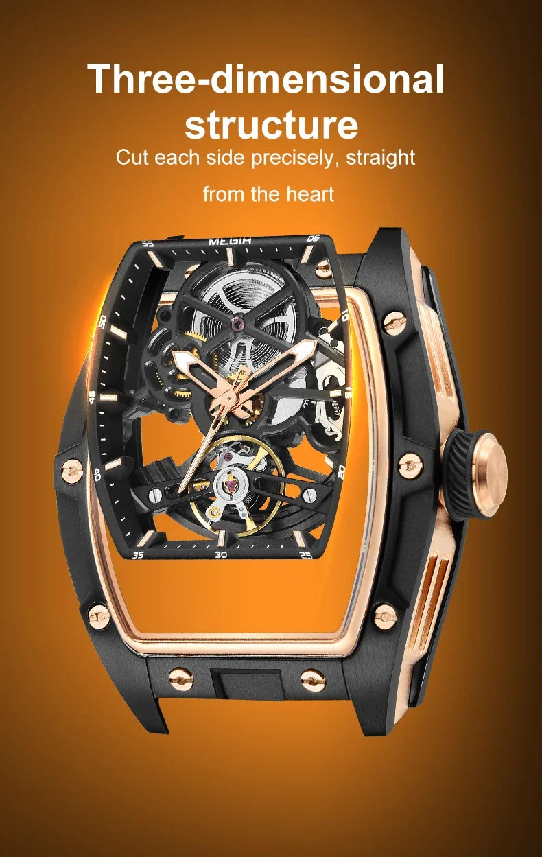 MEGIR Fashion Leisure Alloy Case Men Mechanical Watch Silicone Band Barrel Shaped Dial Luminous Pointer Design Man Wristwatch