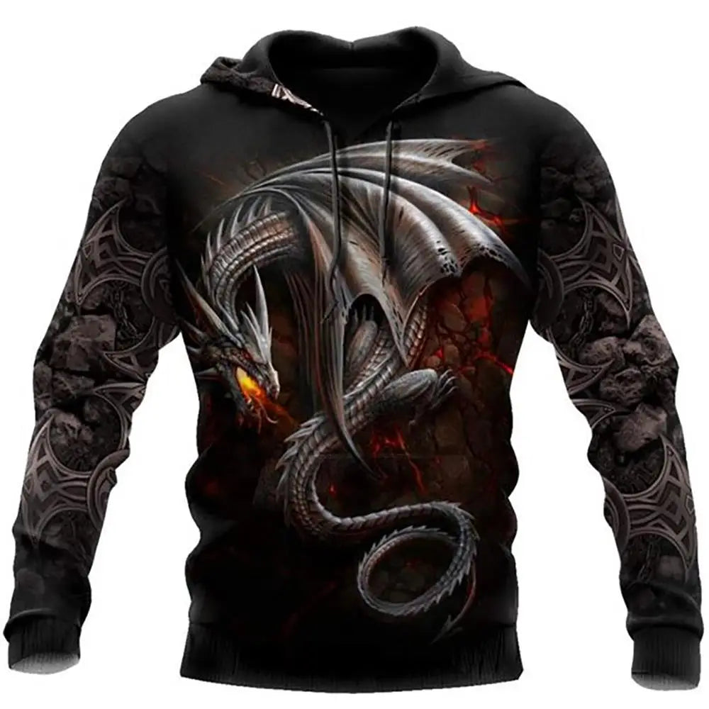 Herbst-Winter-Kapuzenpullover für Herren, langärmelig, mit 3D-Tattoo-Drachen-Print, Unisex-Streetwear-Sweatshirt, lässiger Trainingsanzug-Pullover