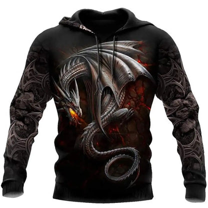Herbst-Winter-Kapuzenpullover für Herren, langärmelig, mit 3D-Tattoo-Drachen-Print, Unisex-Streetwear-Sweatshirt, lässiger Trainingsanzug-Pullover