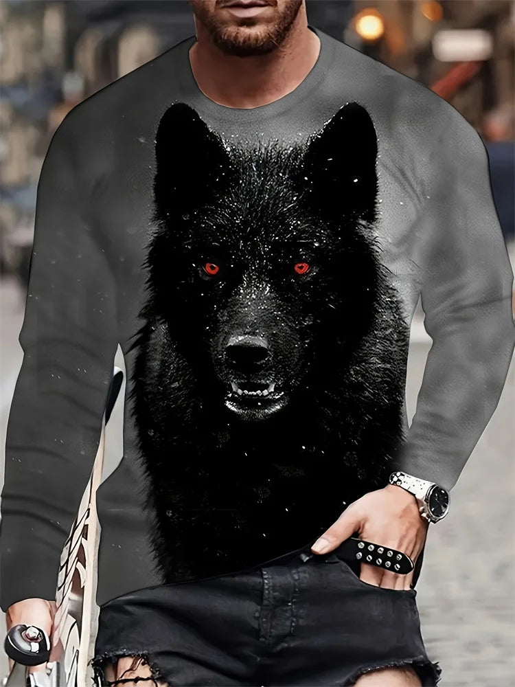 2024 Neues Herren-Langarmshirt mit Wolf-Print – lässiges Herren-Shirt für Frühling und Herbst, Street-Fashion-Langarmshirt