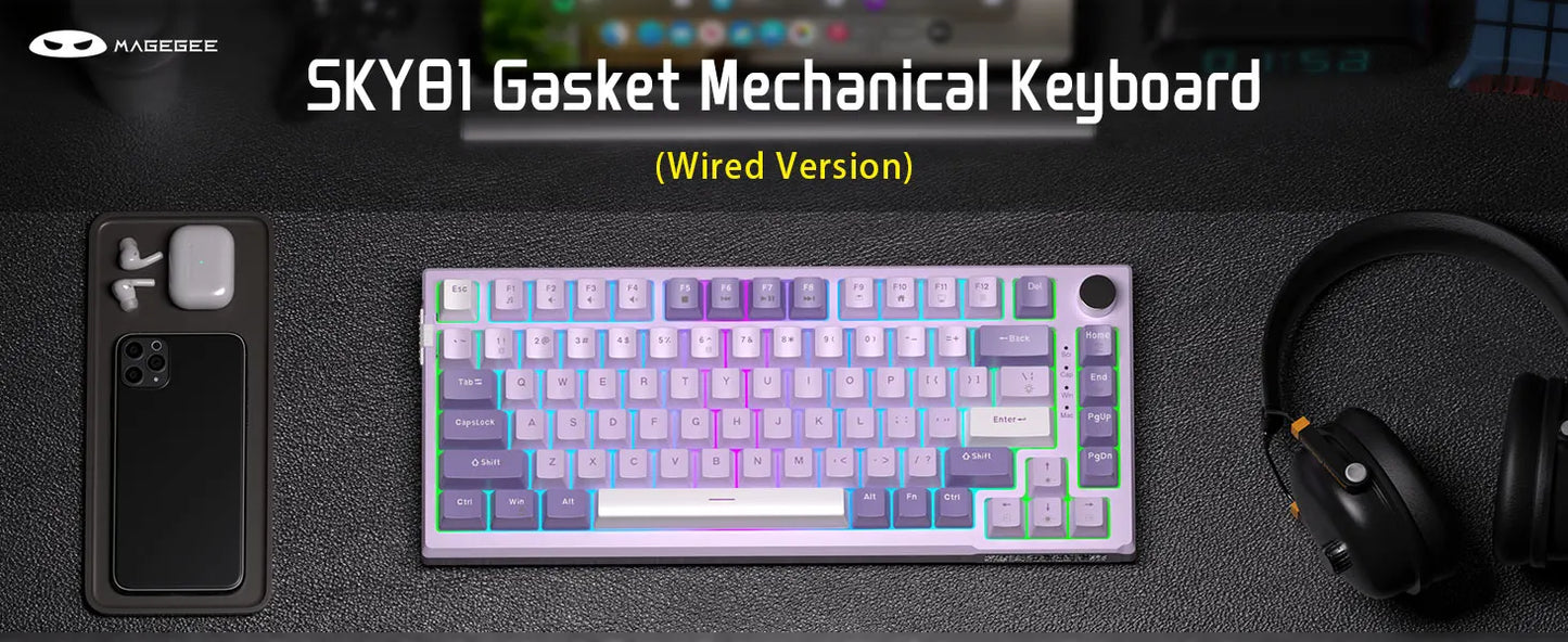 Teclado gaming mecânico MageGee SKY81 75%, RGB, gasket mount, hot-swappable, com fios, personalizável, som cremoso, amortecimento acústico e botão rotativo