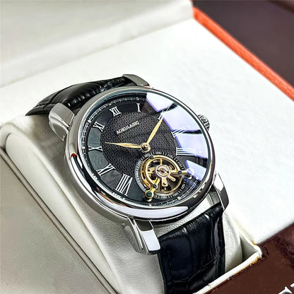 Men’s automatic mechanical watch – Elegant openwork design, trendy ‘business casual’ style, alloy case and leather strap, battery-free