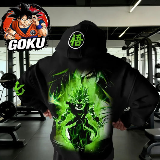 Dragon Ball Retro-Gym-Hoodie Herbst/Winter 2026, 100% Baumwolle, grüner Broly-Print, oversized Fitness-Streetwear für Herren und Damen