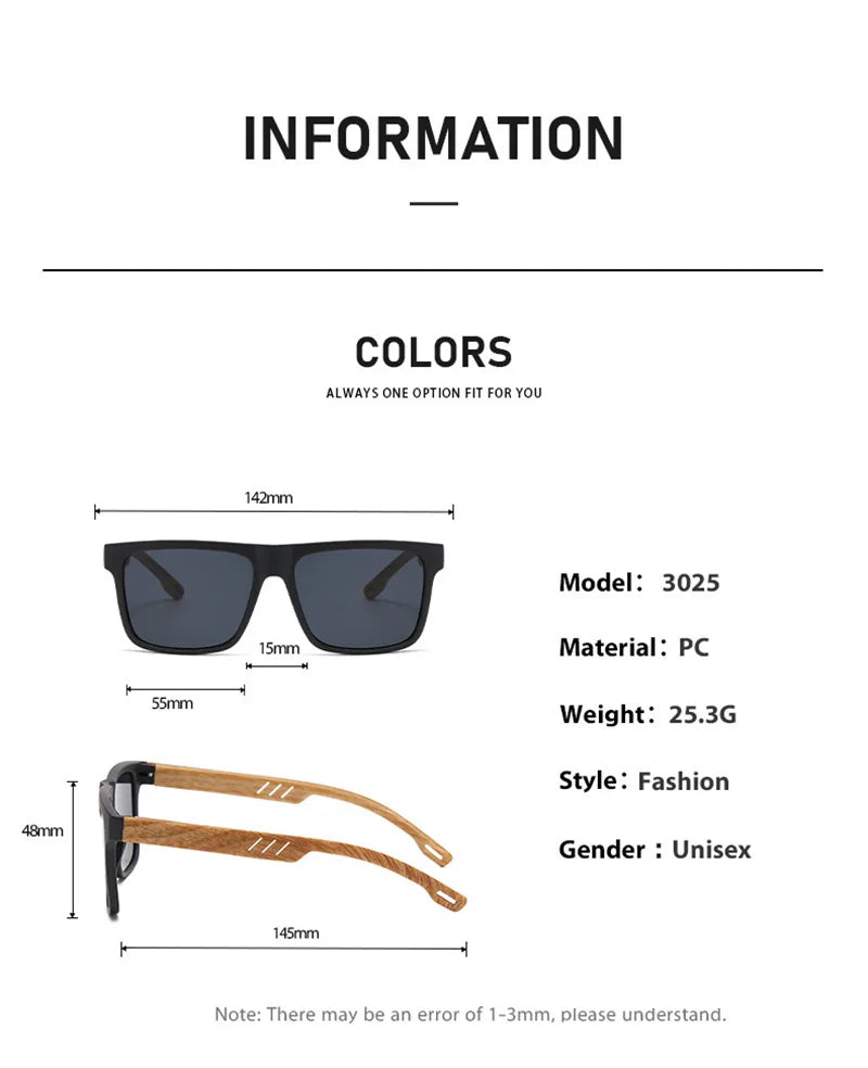 New Fashion Square Sunglasses Wood Grain Spring Hinge UV400 Unisex for Driving Hiking Travel 2026