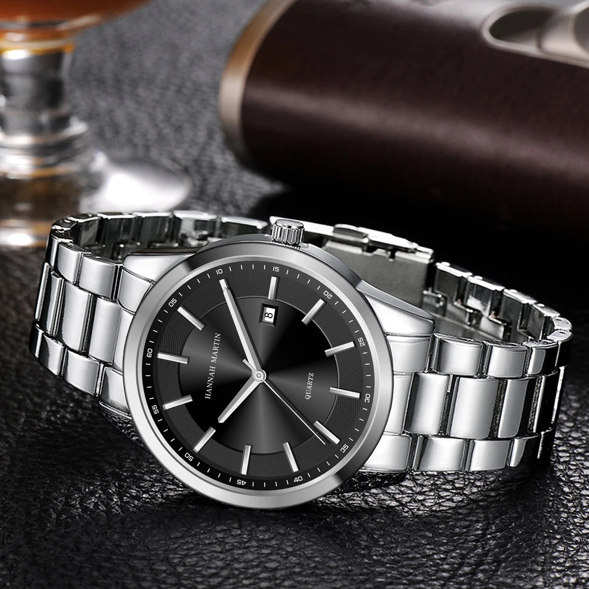 HANNAH MARTIN quartz watch, 40 mm, for men, black stainless steel bracelet, water-resistant to 3 bar, sporty-chic style