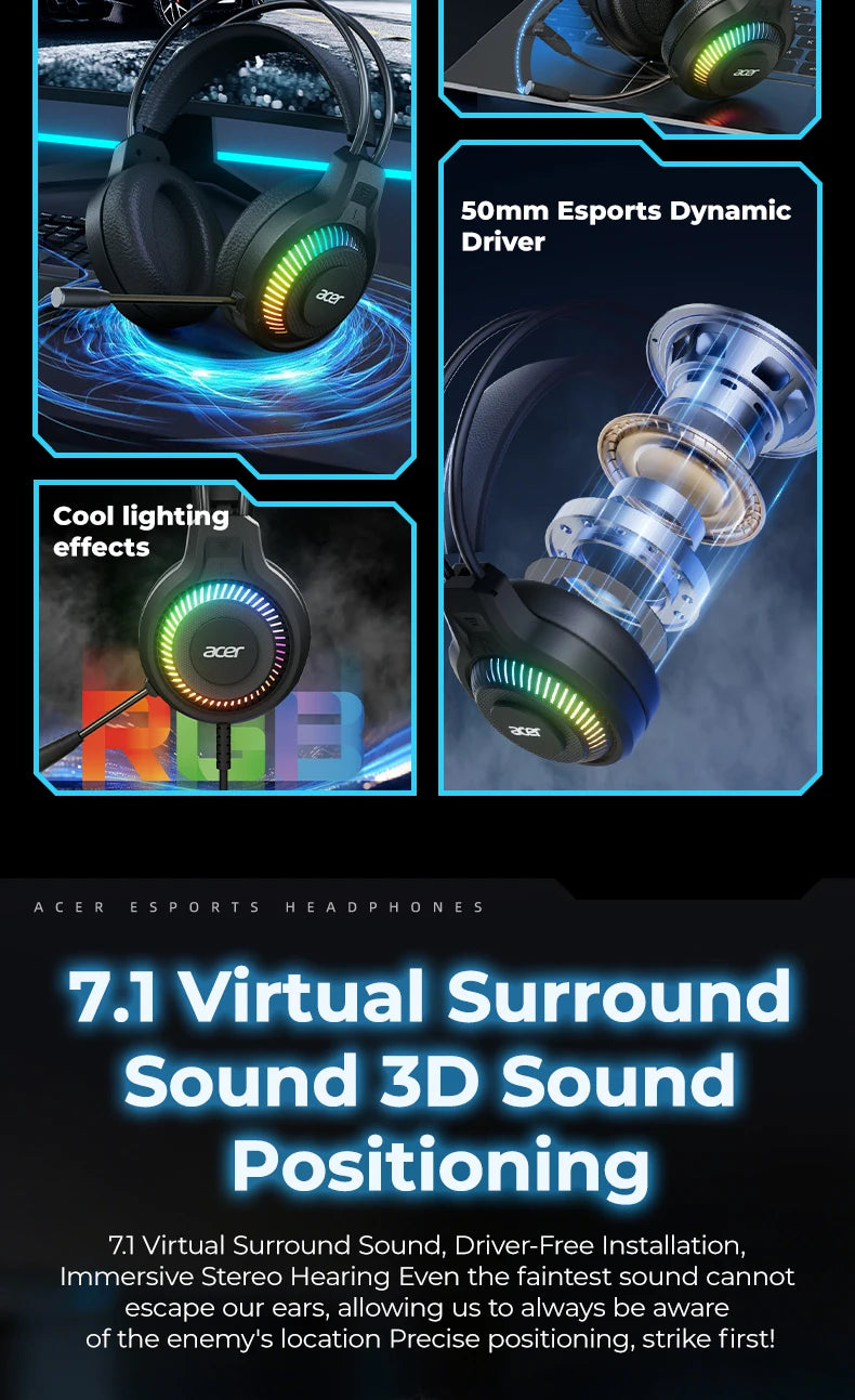 Auriculares Gaming com Fio RGB e Microfone – Headset Gaming com Som Surround de Baixa Latência, Iluminação RGB Elegante, Isolamento de Ruído e Ajuste Confortável