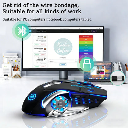 Ratón gaming Mecha inalámbrico Bluetooth 2.4G USB, recargable, silencioso y retroiluminado, ratón ergonómico para oficina, accesorios de juego