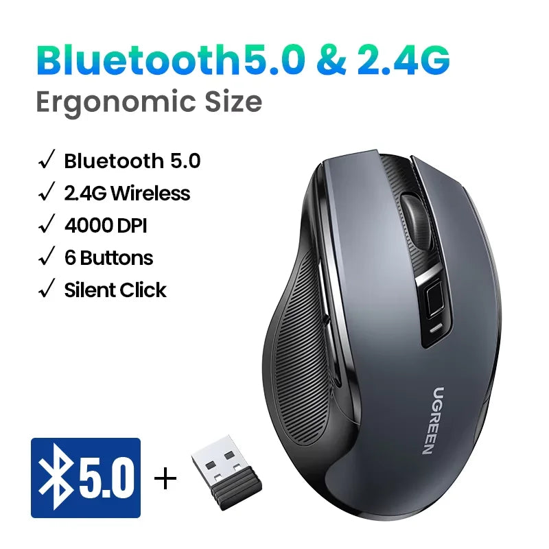 Rato sem fios UGREEN Bluetooth 5.0 ergonómico 4000DPI com 6 botões silenciosos para MacBook, tablet, portáteis, computador e PC, rato 2.4G