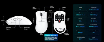 ATTACK SHARK R1 Tri-mode Gaming Mouse, PixArt PAW3311 Sensor, 18000 DPI, 1000hz, 59g Ultralight for Big Hand, for PC/Mac