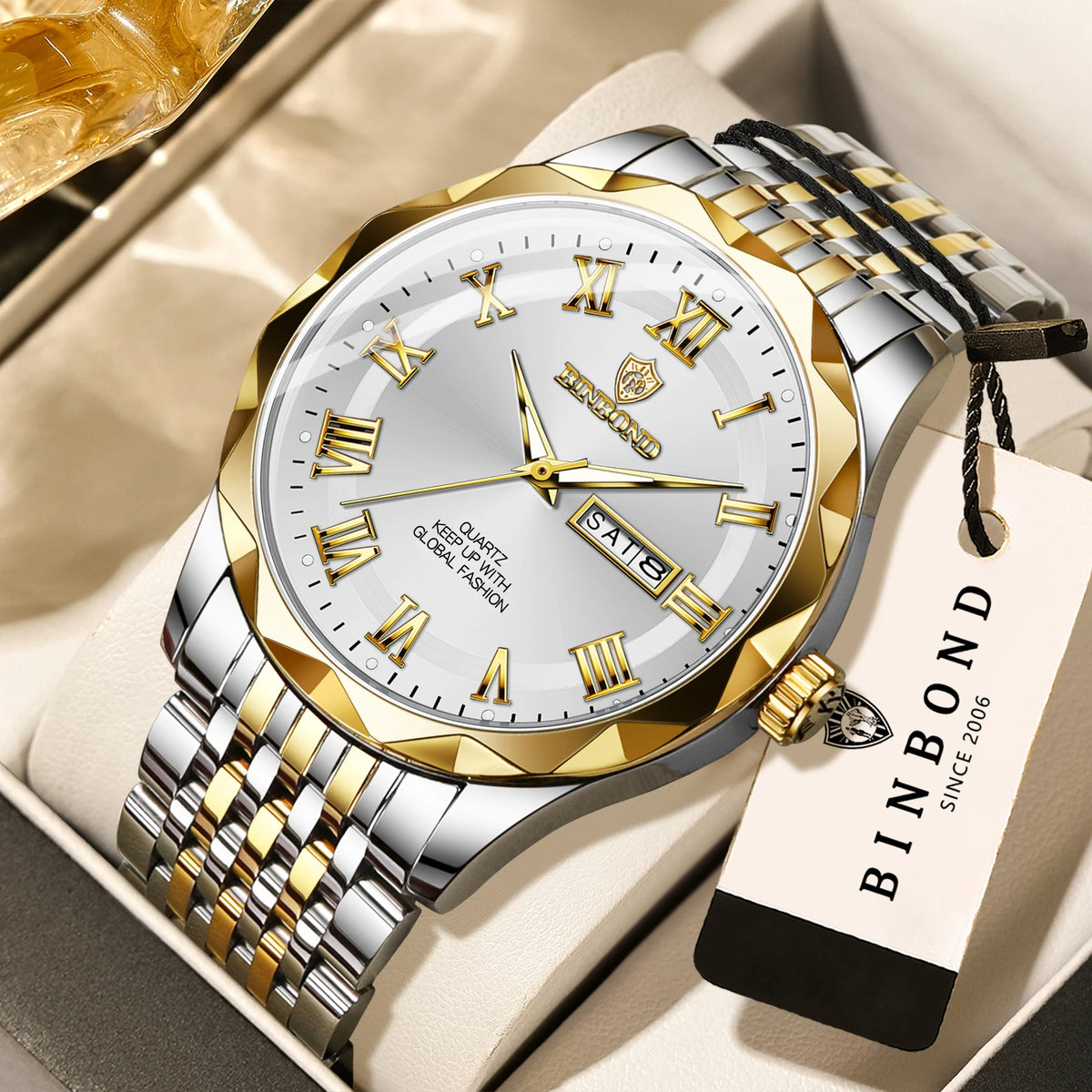 BINBOND Original Brand luxury quartz wristwatch for men, luminous, water-resistant, automatic date, day-of-the-week display, casual style.