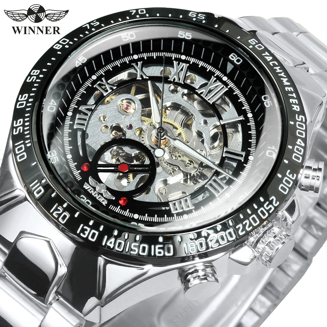 WINNER men’s automatic watch – Transparent skeletonised model, luminescent hands, stainless steel bracelet, luxury brand mechanical watch