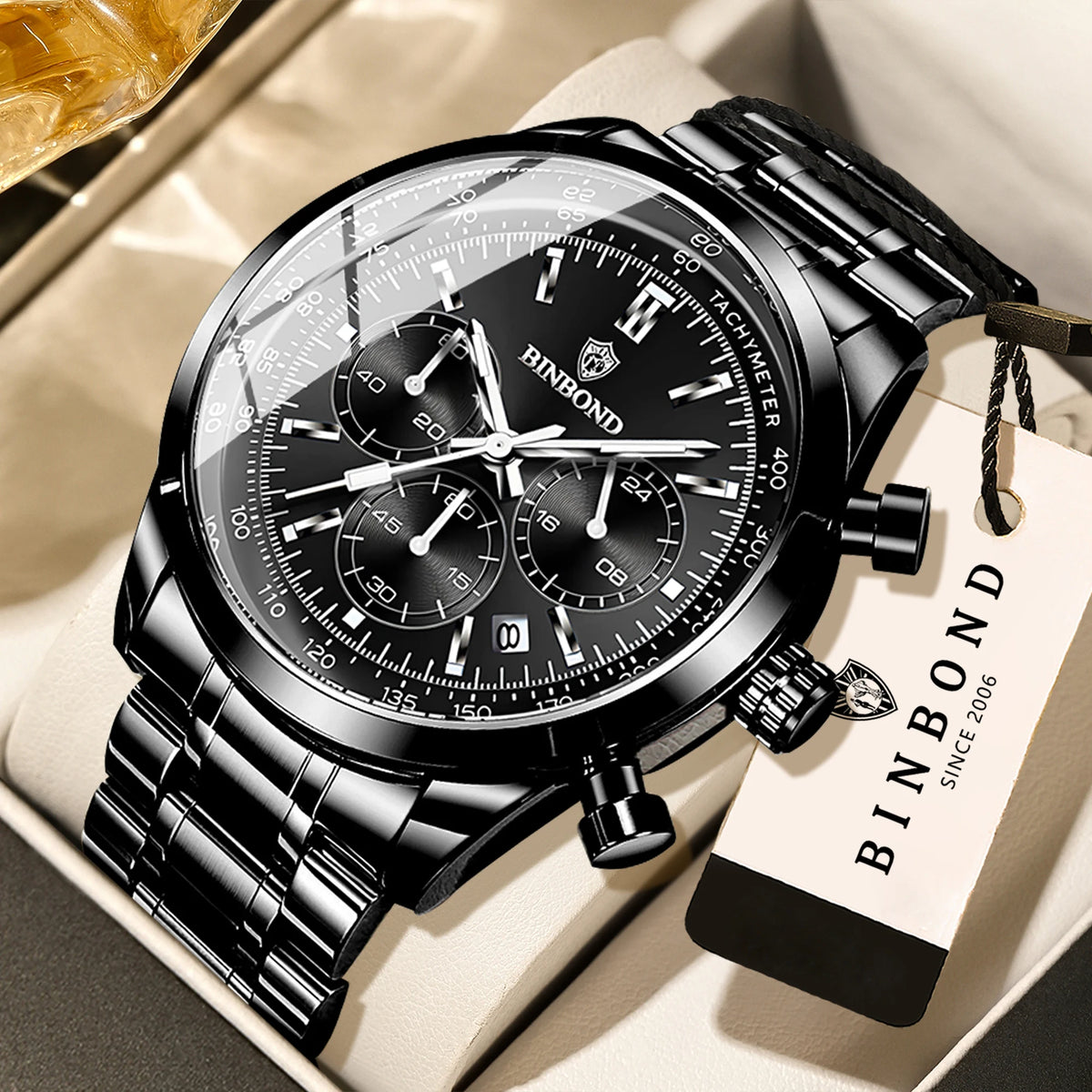 BINBOND men’s quartz watch: elegant, robust and accurate, with automatic date, chronograph, luminescent hands and water-resistant. Casual style.