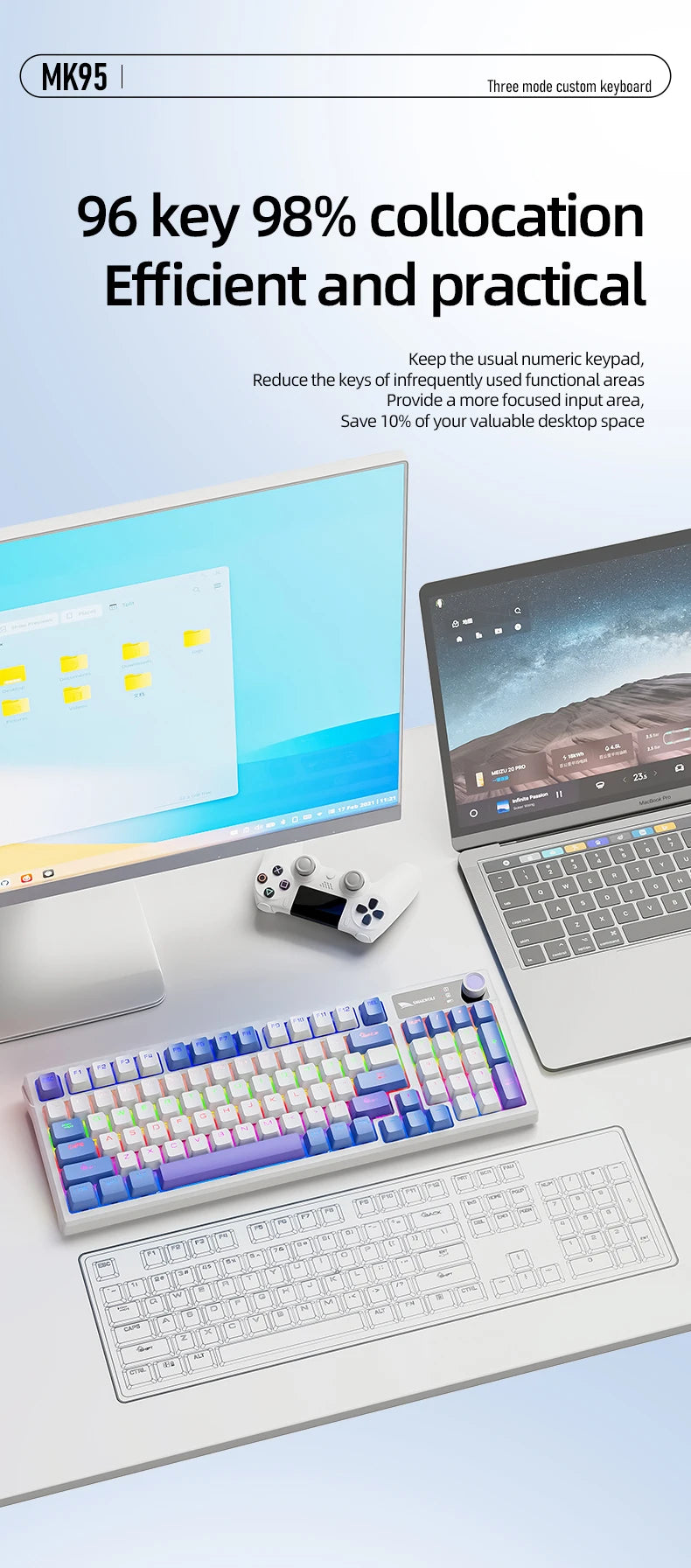 SMAILWOLF MK95 Bluetooth Wireless Korean Customized Mechanical Keyboard e-Sports 3 Modes Laptop Office Game Full Key Hot Swappable RGB Lighting Effects