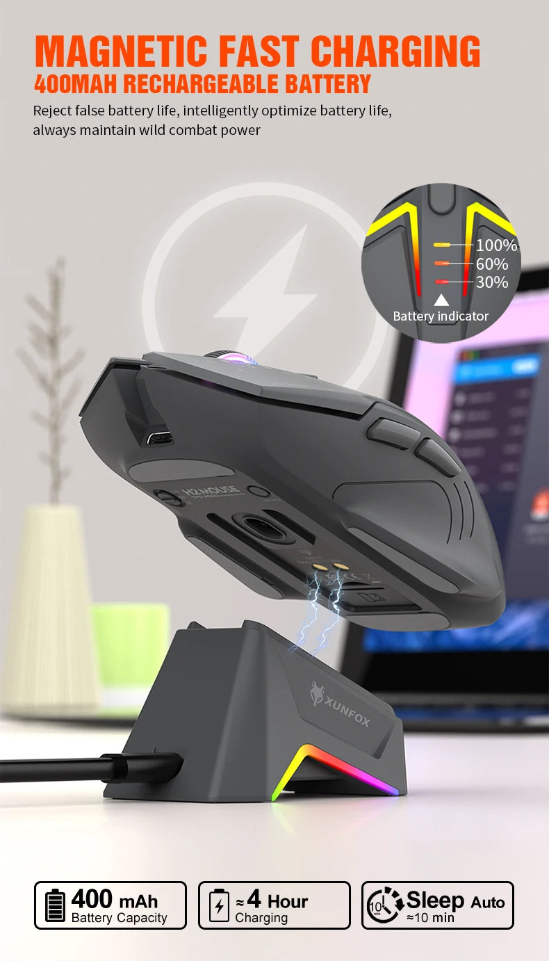 Mouse wireless Bluetooth dual-mode XUNSVFOX H2 con effetti di illuminazione RGB, per laptop, gaming e ufficio, ricarica magnetica