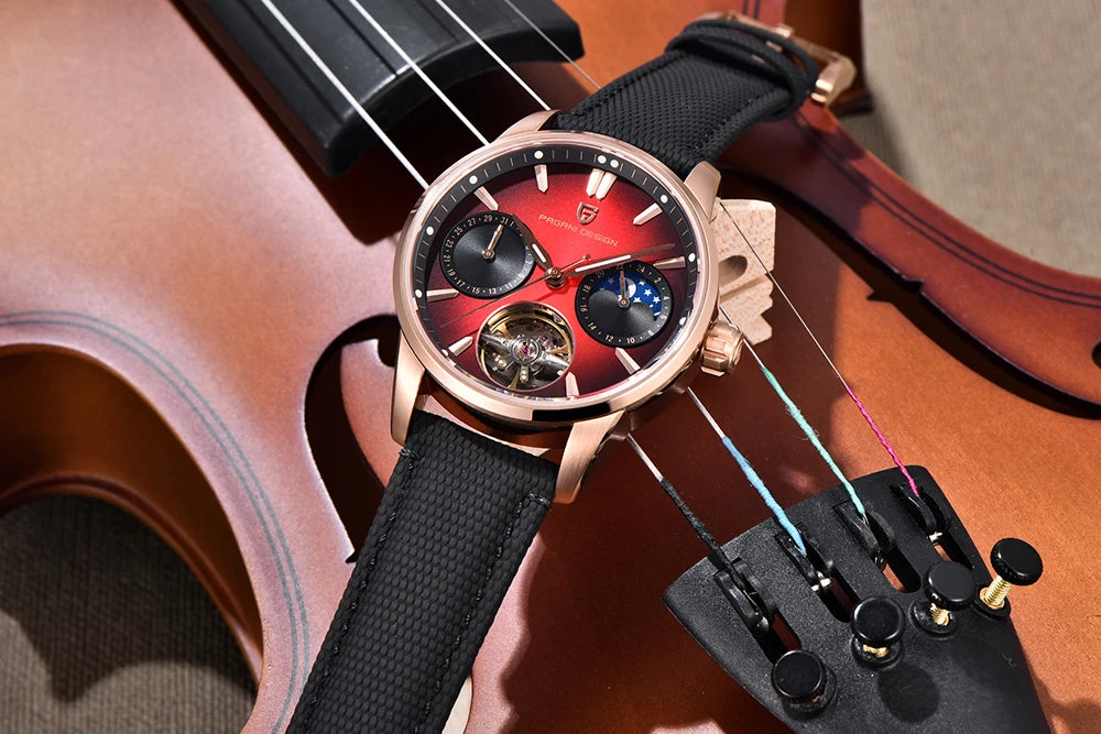 PAGANI DESIGN – Luxus mechanikus férfi karóra, 41 mm, zafírüveg, bőr szíj, vízálló, pilóta stílusú, tourbillon és holdfázis kijelzővel