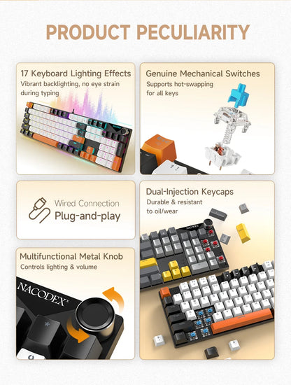 Teclado Mecânico AJAZZ NK104 com Fio, Teclas de Dupla Injeção, 104 Teclas, Hot-Swapping, Retroiluminação LED Híbrida, Teclado Gamer para Portátil e PC