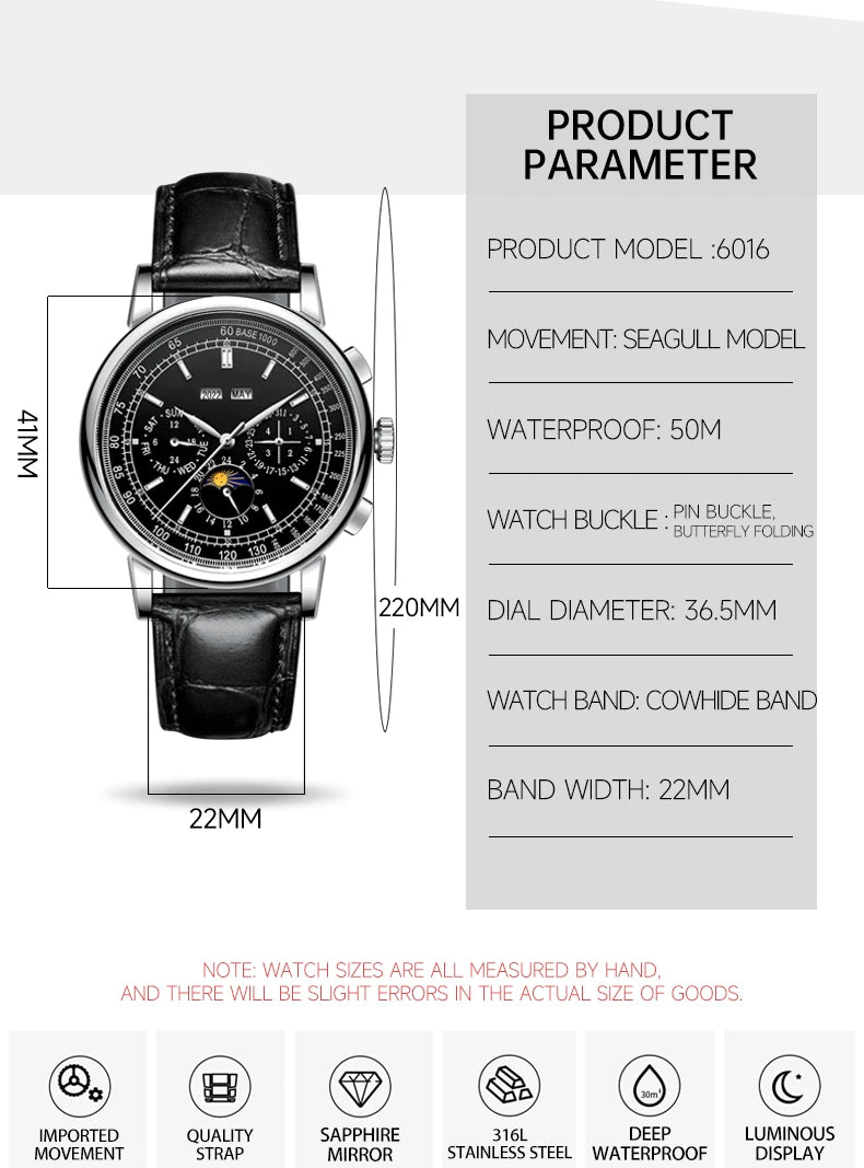 Custom Logo Diy Automatic Mechanical Watches For Man Business Multification Date Day Month Year 316L Mechanical Men's Watches