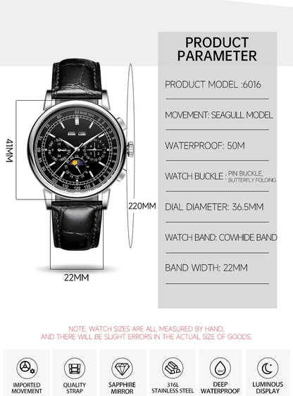 Custom Logo Diy Automatic Mechanical Watches For Man Business Multification Date Day Month Year 316L Mechanical Men's Watches