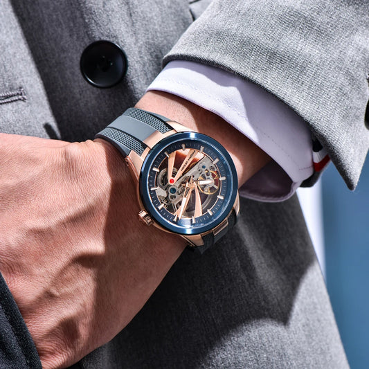 PAGANI DESIGN men’s watch – Luxury automatic mechanical model, ‘skeleton’ (open-heart) style, featuring a tourbillon, sapphire crystal with anti-reflective coating, water-resistant and luminescent.