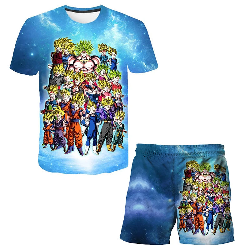 Japanisches Cartoon-Dragon-Ball-Z-T-Shirt, Kinder-Oberteil, T-Shirt- und Shorts-Zweiteiler für den Sommer, Jungen-T-Shirt + Shorts, Strandshorts