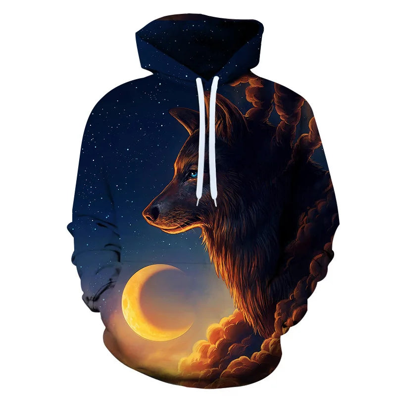 Herren-Hoodie mit Wolf-Grafik, 3D-Print, Outdoor- und Streetwear-Design, Kapuze und Fronttasche