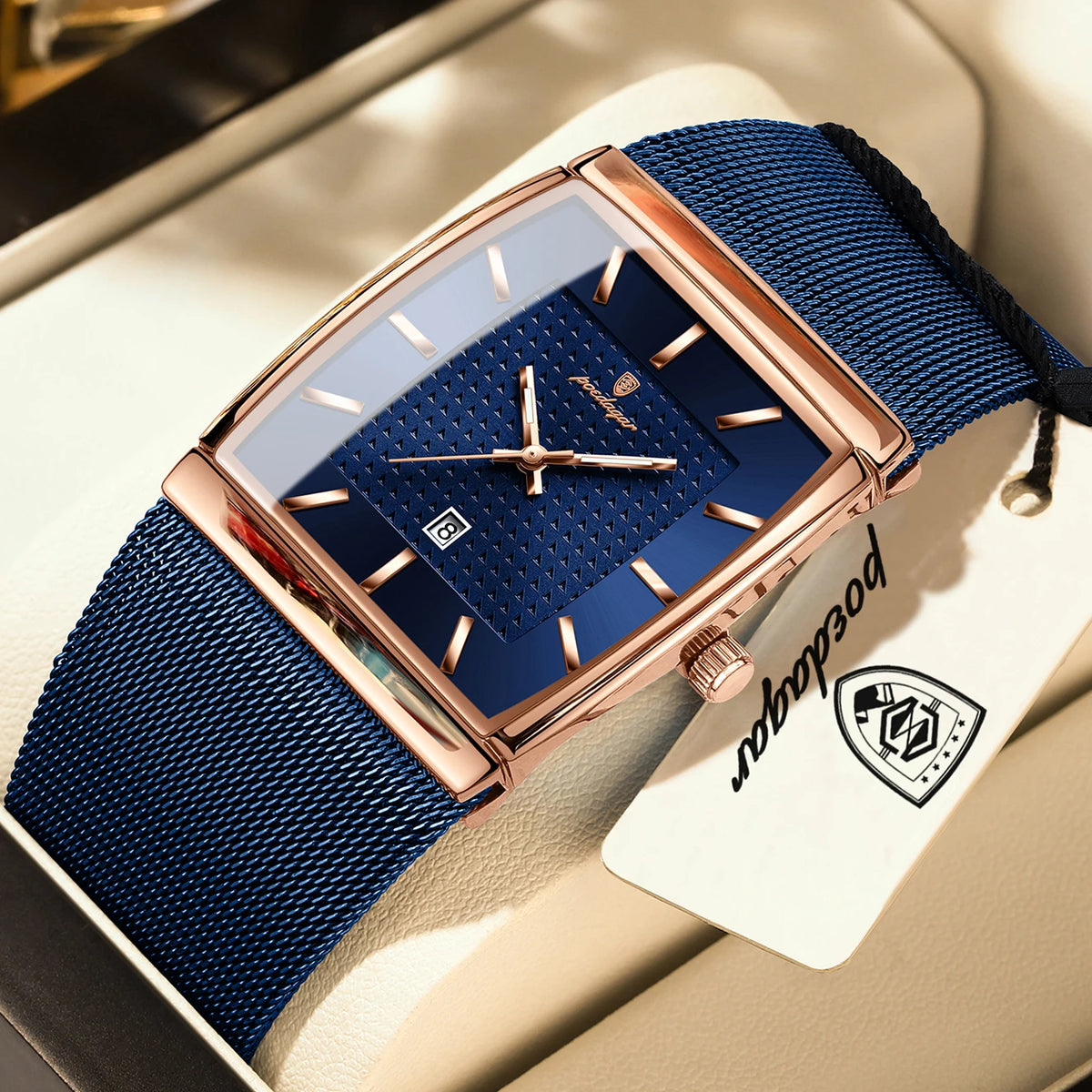 Montre pour homme POEDAGAR, modèle de luxe, bracelet en maille d'acier inoxydable, affichage de la date, étanche, aiguilles luminescentes, style décontracté, boîtier rectangulaire, mouvement à quartz.