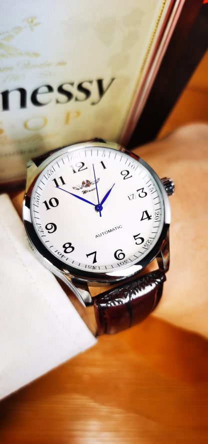 Classic men’s watch – Retro style with date display and blue hands, automatic mechanical movement, prestigious brand, steel case and leather strap