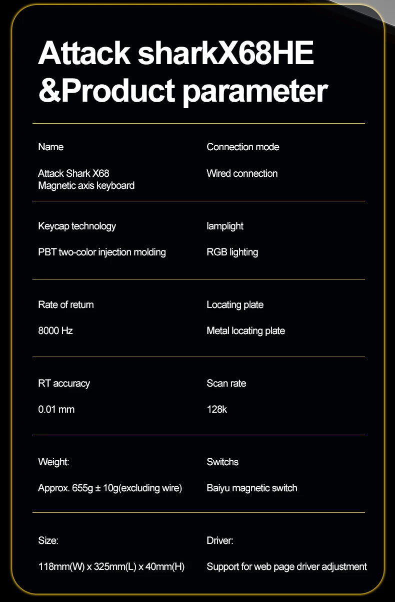 X68HE ATTACK SHARK Magnetic Gaming Keyboard Mechanical Wired for Pro Gaming 0.01mm Rapid Trigger 8000Hz SOCD/Rs 0.125ms 128K Rate