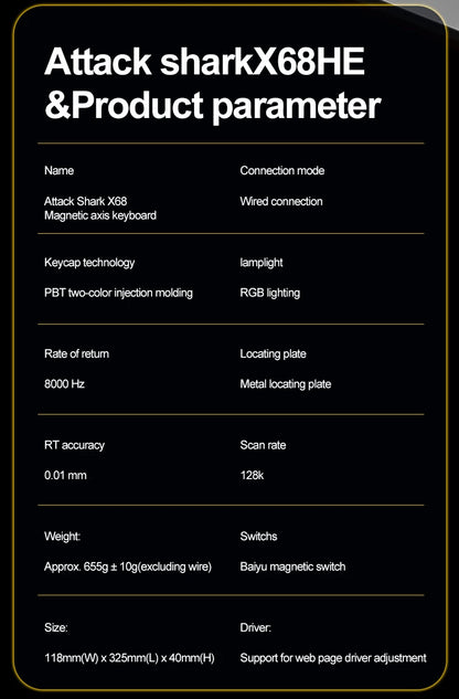 X68HE ATTACK SHARK Magnetic Gaming Keyboard Mechanical Wired for Pro Gaming 0.01mm Rapid Trigger 8000Hz SOCD/Rs 0.125ms 128K Rate