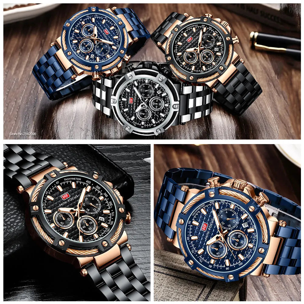 MINI FOCUS Black Stainless Steel Quartz Watch Men Fashion Luminous Dress Wristwatch with Date 24-hour Display Chronograph 0470