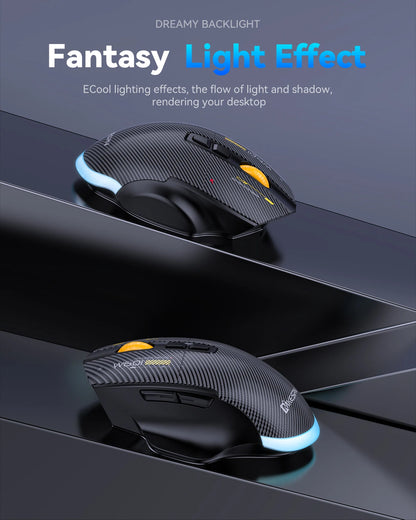 Mouse gaming tri-mode 12800DPI 2.4G Wireless Bluetooth cablato in fibra di carbonio, pulsante silenzioso, programmazione macro, 500mAh, 7 tasti