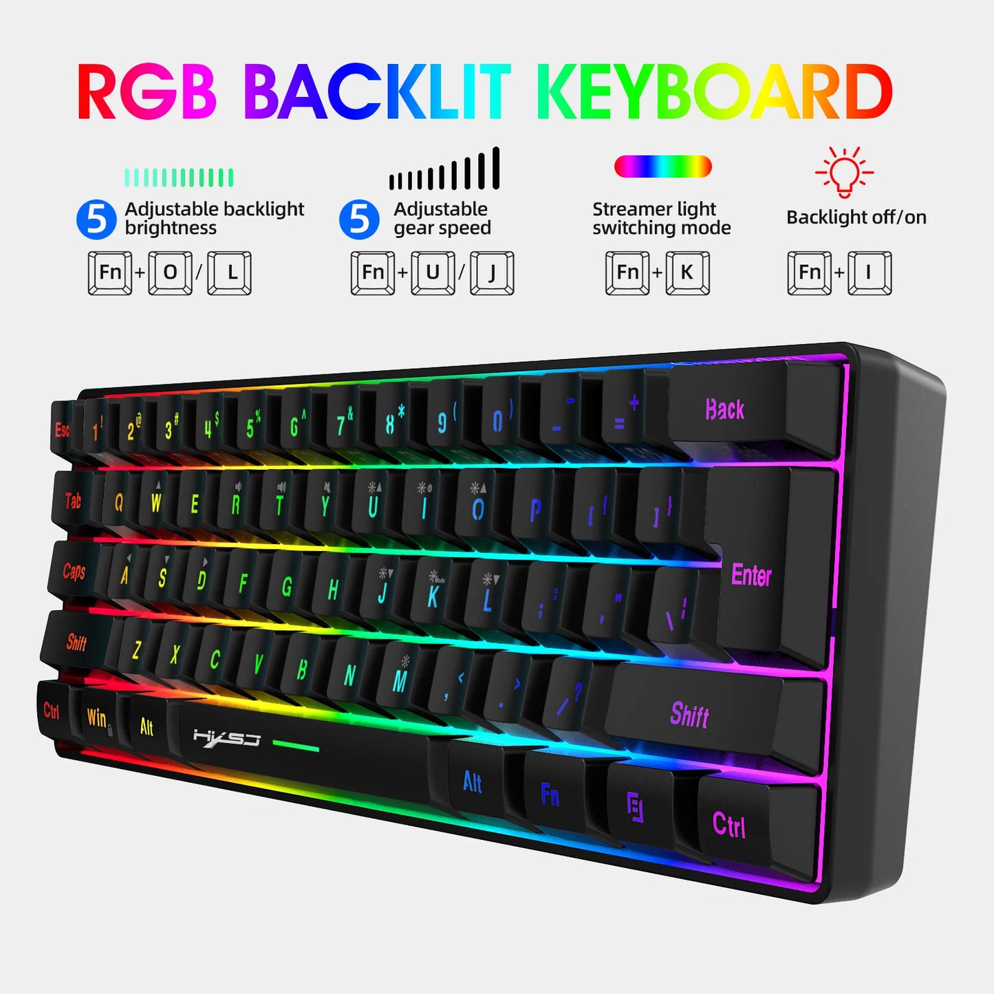 HXSJ-V700 60% RGB Backlit Gaming Keyboard, Compact 61-Key Mini Wired Office Keyboard with Ergonomic Design for office Home use